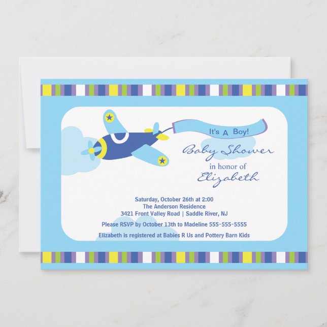Cute Blue Aeroplane Boy Baby Shower Invitation (Front)