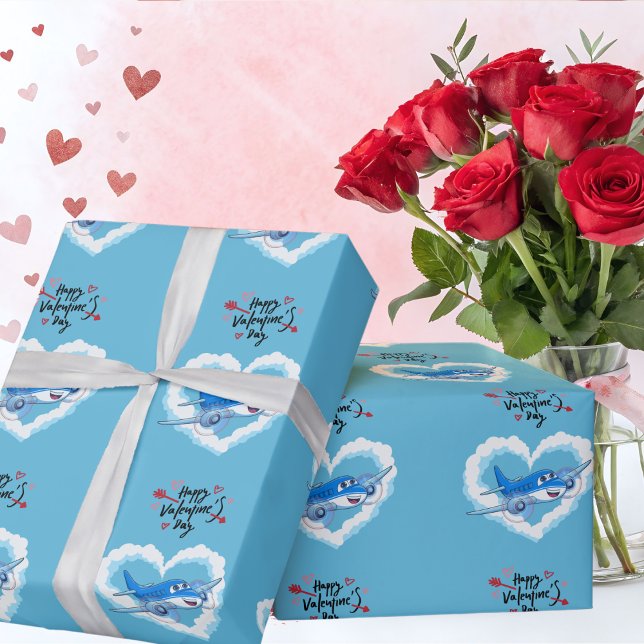 Cute Blue Aeroplane & Clouds, Kids Valentine's Day Wrapping Paper (Creator Uploaded)