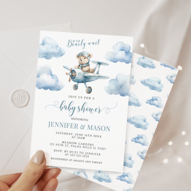 Cute blue aeroplane teddy bear baby boy shower invitation (Creator Uploaded)