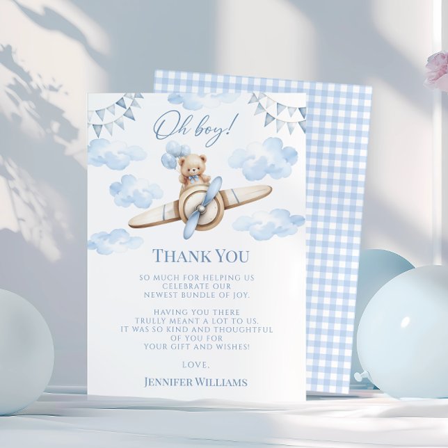  Cute Blue Aeroplane & Teddy Bear Baby Boy Shower Thank You Card (Creator Uploaded)