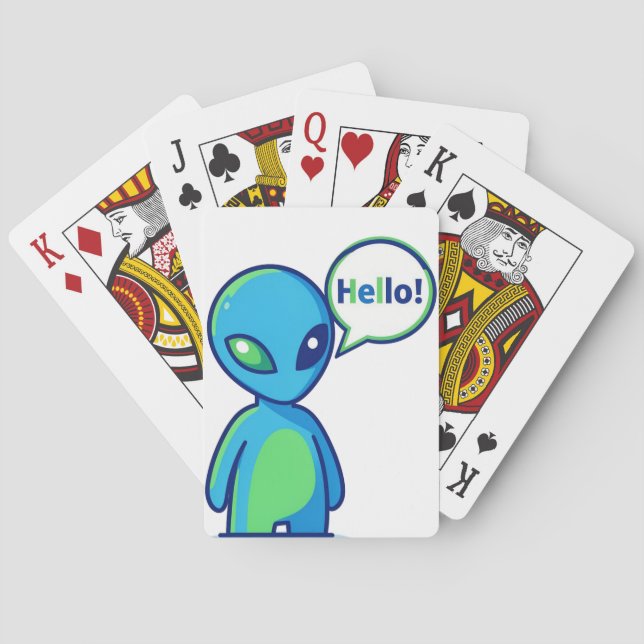 Cute Blue Alien Saying Hello Playing Cards (Back)