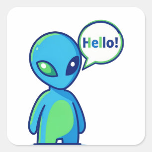 Cute Blue Alien Saying Hello Square Sticker