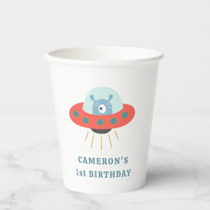 Cute Blue Alien Spaceship 1st Birthday Party Paper Cups