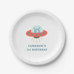 Cute Blue Alien Spaceship 1st Birthday Party Paper Plate