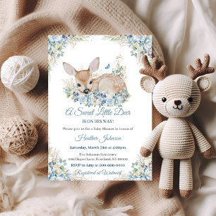 Cute Blue and Beige Floral Deer Baby Shower Invitation