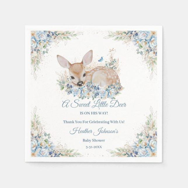 Cute Blue and Beige Floral Deer Baby Shower Napkin (Front)