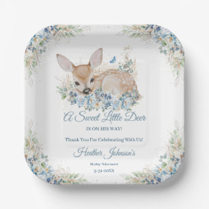 Cute Blue and Beige Floral Deer Baby Shower Paper Plate