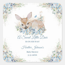 Cute Blue and Beige Floral Deer Baby Shower