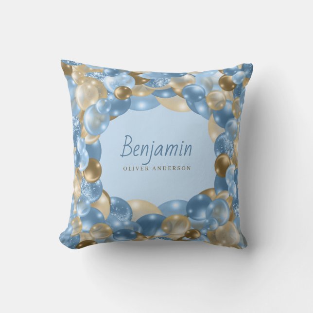 Cute Blue and Gold Balloon Border Baby Boys Cushion (Front)