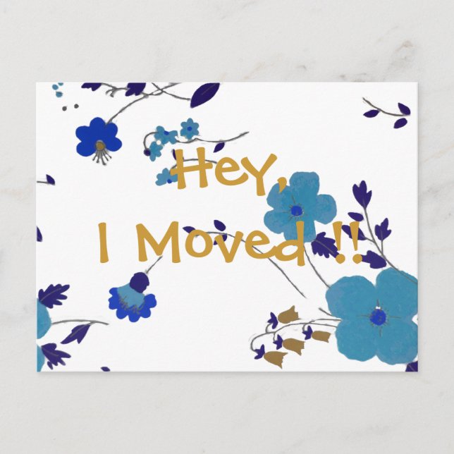 Cute Blue and Gold Flowers New Address Announcement Postcard (Front)