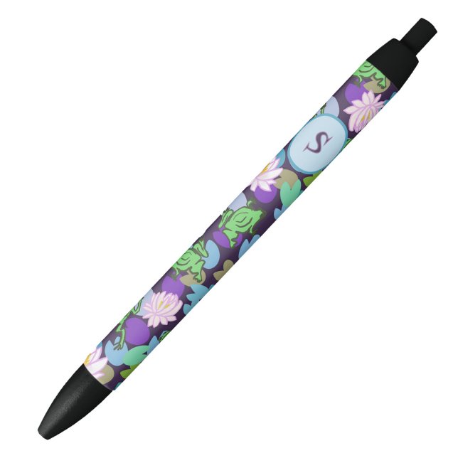 Cute Blue and Green Frogs Custom Monogram Initial Black Ink Pen (Creator Uploaded)