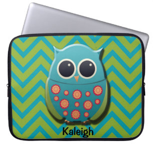 Cute Blue and Green Owl on Chevron Laptop Sleeve