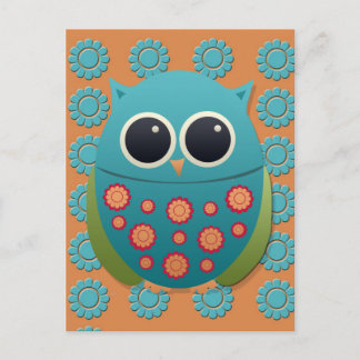 Cute Blue and Green Owl on Orange and Blue Flowers Postcard