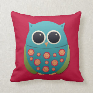 Cute Blue and Green Owl on Red Pillow