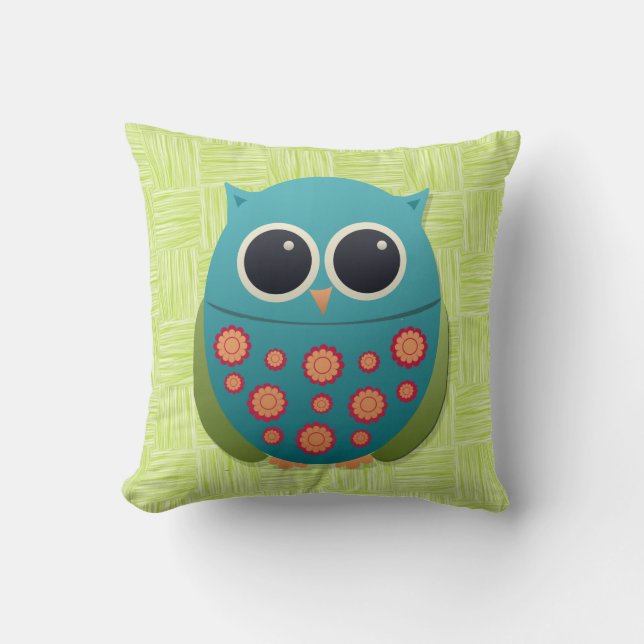 Cute Blue and Green Owl Red on Light Green Pillow (Front)