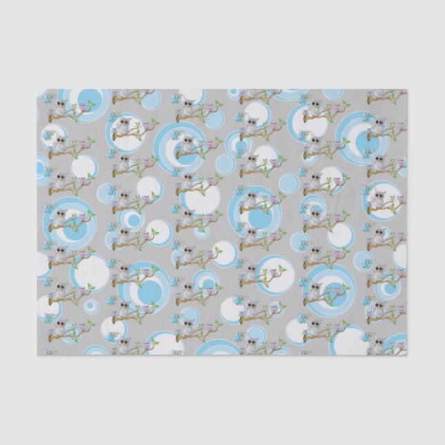 Cute Blue and Grey Baby Owls | Shower Theme Tissue Paper (Front)