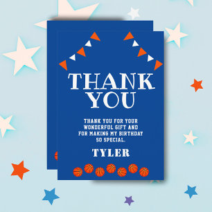 Cute Blue and Orange Sports Basketball Birthday Thank You Card