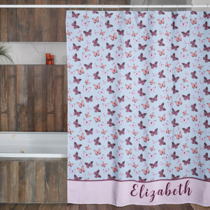 Cute Blue and Pink Butterfly With Name Custom Shower Curtain