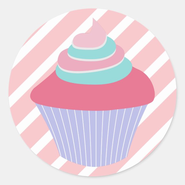 Cute Blue and Pink Cupcake with Stripes Classic Round Sticker (Front)