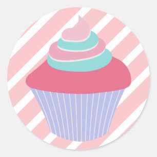 Cute Blue and Pink Cupcake with Stripes Classic Round Sticker