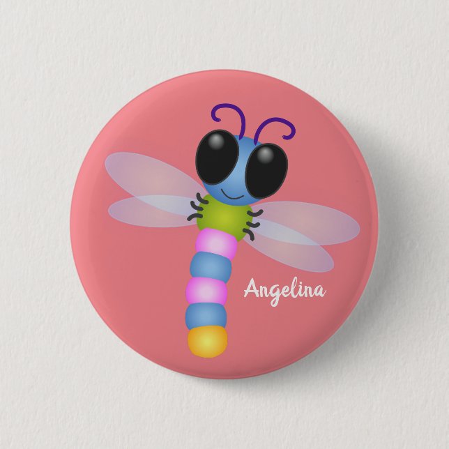 Cute blue and pink dragonfly cartoon illustration 6 cm round badge (Front)