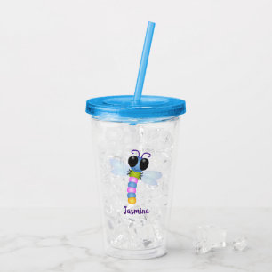 Cute blue and pink dragonfly cartoon illustration acrylic tumbler