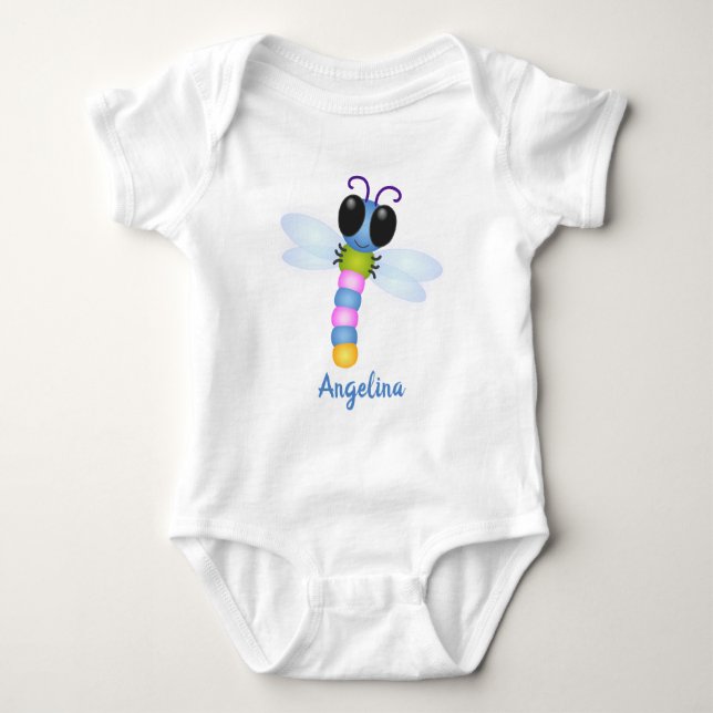 Cute blue and pink dragonfly cartoon illustration baby bodysuit (Front)