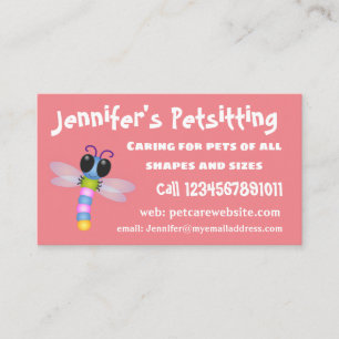 Cute blue and pink dragonfly cartoon illustration business card