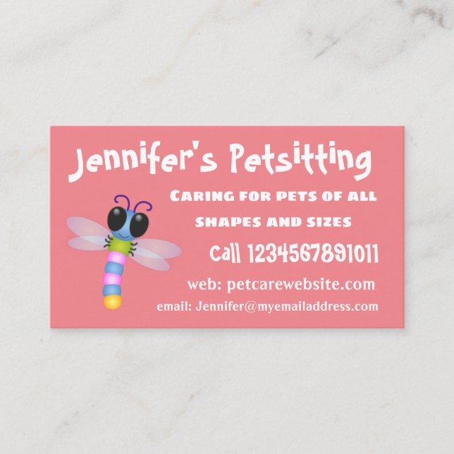 Cute blue and pink dragonfly cartoon illustration business card (Front)