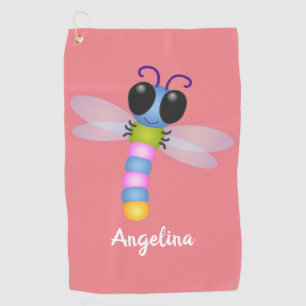 Cute blue and pink dragonfly cartoon illustration golf towel