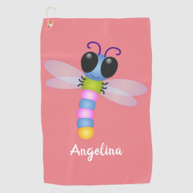Cute blue and pink dragonfly cartoon illustration golf towel (Front)