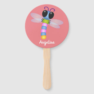 Cute blue and pink dragonfly cartoon illustration hand fan