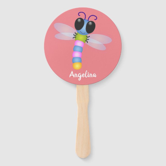 Cute blue and pink dragonfly cartoon illustration hand fan (Front)