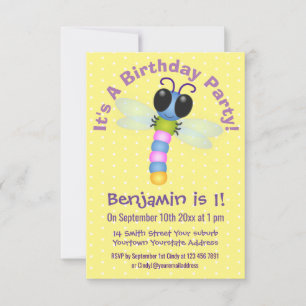 Cute blue and pink dragonfly cartoon illustration invitation
