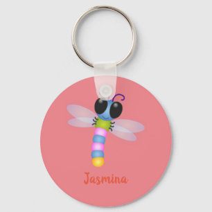 Cute blue and pink dragonfly cartoon illustration key ring