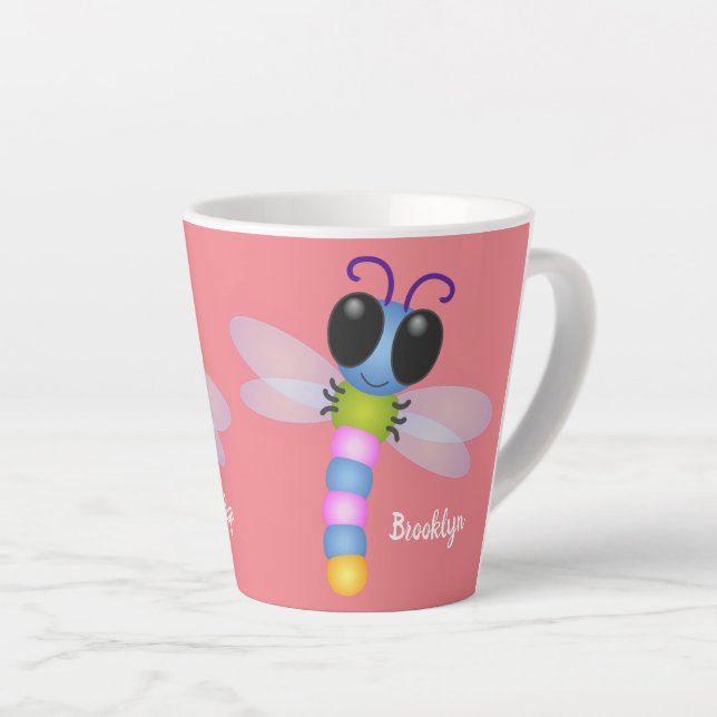 Cute blue and pink dragonfly cartoon illustration latte mug (Right Angle)
