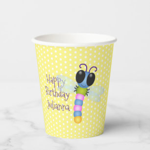 Cute blue and pink dragonfly cartoon illustration paper cups