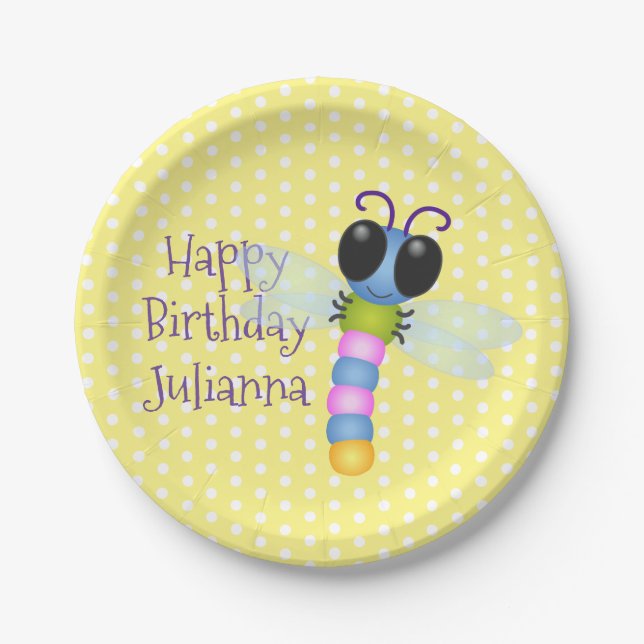 Cute blue and pink dragonfly cartoon illustration paper plate (Front)
