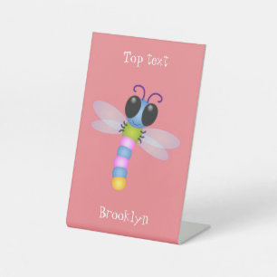 Cute blue and pink dragonfly cartoon illustration pedestal sign