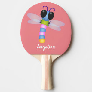 Cute blue and pink dragonfly cartoon illustration ping pong paddle