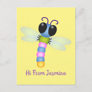 Cute blue and pink dragonfly cartoon illustration postcard