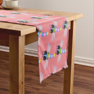 Cute blue and pink dragonfly cartoon illustration short table runner