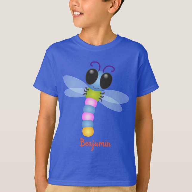 Cute blue and pink dragonfly cartoon illustration T-Shirt (Front)