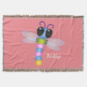 Cute blue and pink dragonfly cartoon illustration throw blanket