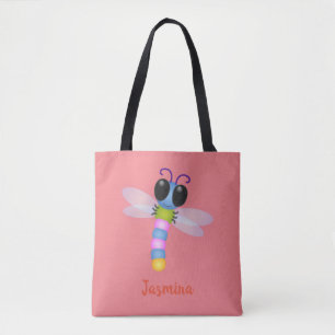 Cute blue and pink dragonfly cartoon illustration tote bag