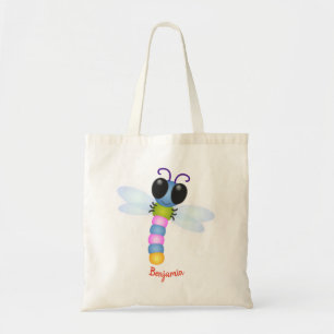 Cute blue and pink dragonfly cartoon illustration tote bag