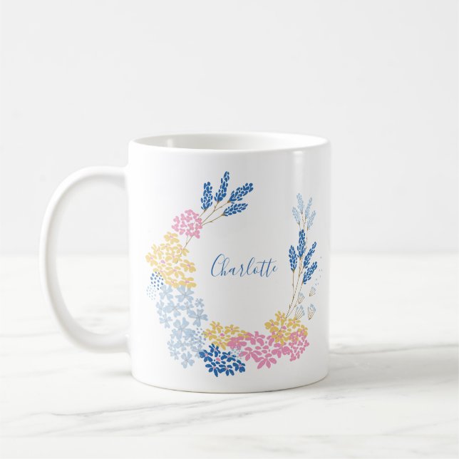 Cute Blue and Pink Flower Wreath Personalised Coffee Mug (Left)