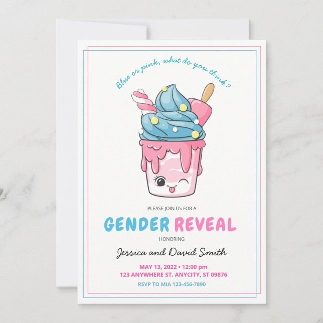 Cute Blue and Pink Ice Cream Sunday Gender Reveal Invitation (Front)
