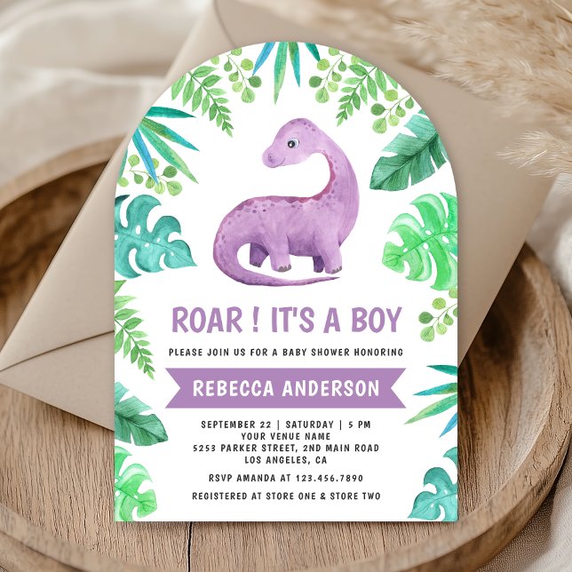 Cute Blue and Purple Dinosaur Arch Baby Shower Invitation (Creator Uploaded)