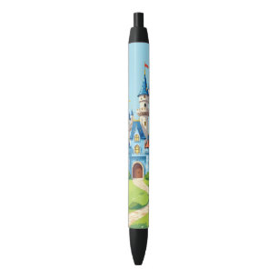 Cute blue and white castle black ink pen